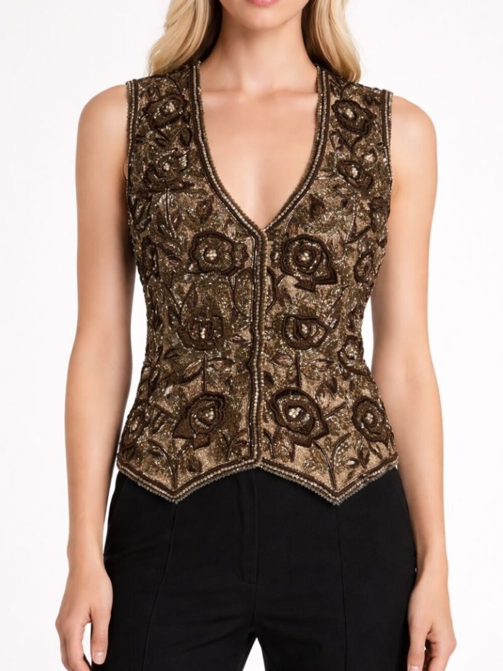 Carolina Herrera Runway Vintage Beaded Silk Vest Top Gold Brown Floral Womens 8